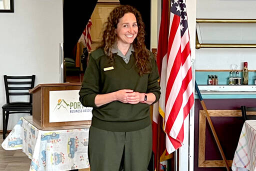 Photo by Peter Segall/Olympic Peninsula News Group / Olympic National Park Superintendent Sula Jacobs speaks to a meeting of the Port Angeles Business Association at Joshua’s Restaurant in Port Angeles on April 18. Jacobs has been on the job for less than a year but said big things are happening at the park, including an $11 million renovation to the Hurricane Ridge Day Lodge.