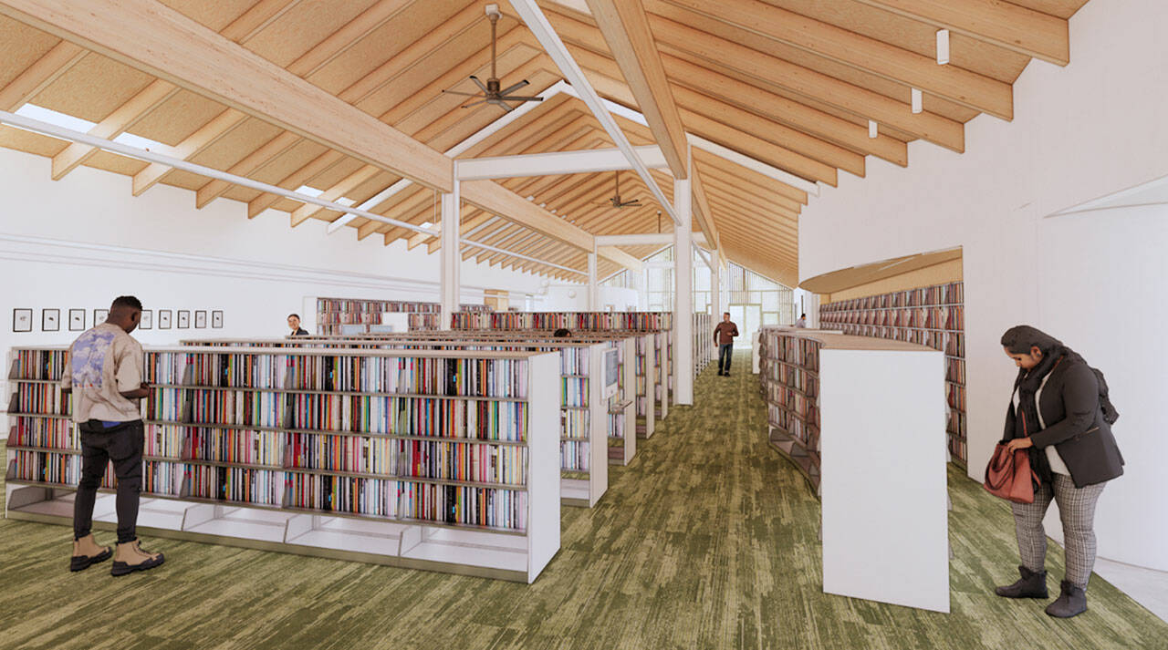 Graphic courtesy of North Olympic Library System / One of the many proposed changes for the renovated and expanded Sequim Library include centering the media collection and making shelves about 4 feet tall for visibility. Library leaders plan to go to bid on the project this fall.