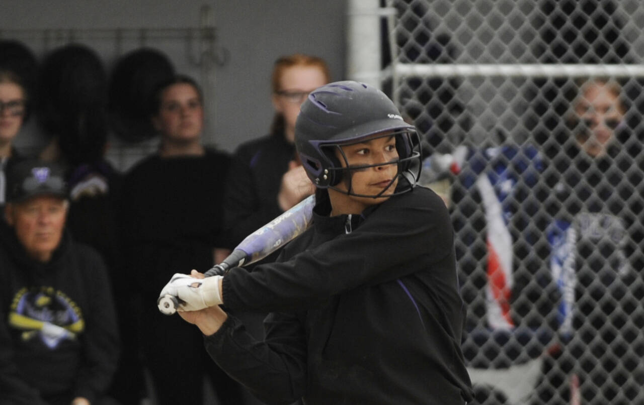 Sequim Gazette photo by Michael Dashiell 
Sequim’s Taylee Rome looks for a base hit in the Wolves’ 5-2 home win over Kingston on May 4.