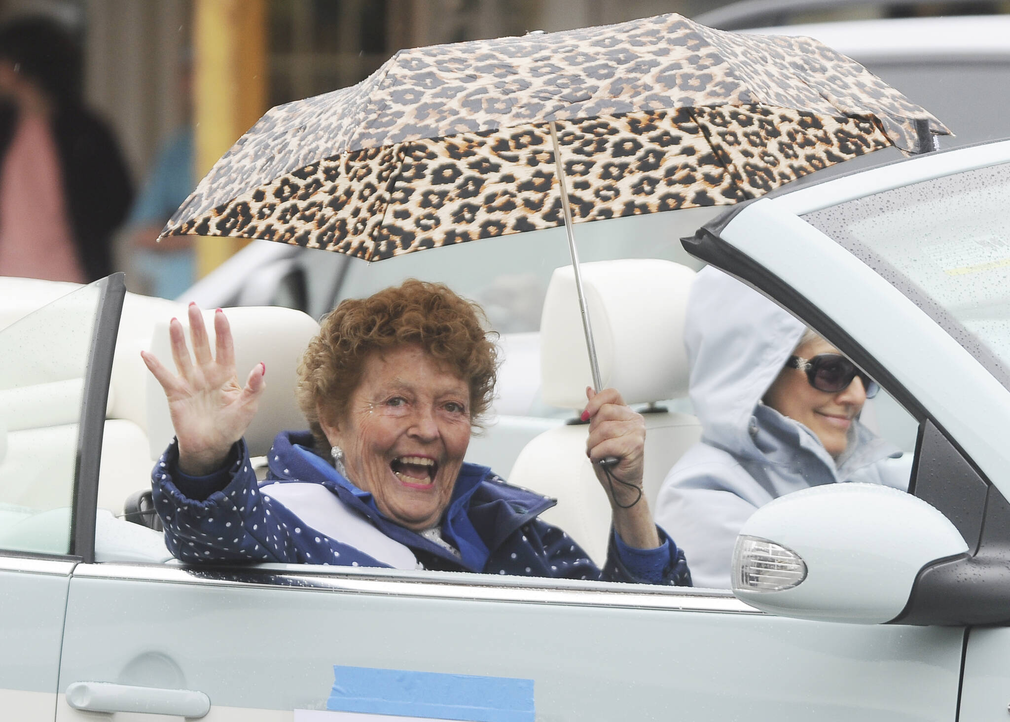 Sequim Gazette file photo by Michael Dashiell / Honorary Pioneer Emily Westcott of Sequim waves to the crowd (virtual and online) at the 2021 Sequim Irrigation Grand Parade/Processional. Westcott, along with Mike Dukes, of Sekiu and Clallam Bay, Lloyd Eisenman of Port Angeles, recently received Clallam County Community Service Awards awards.