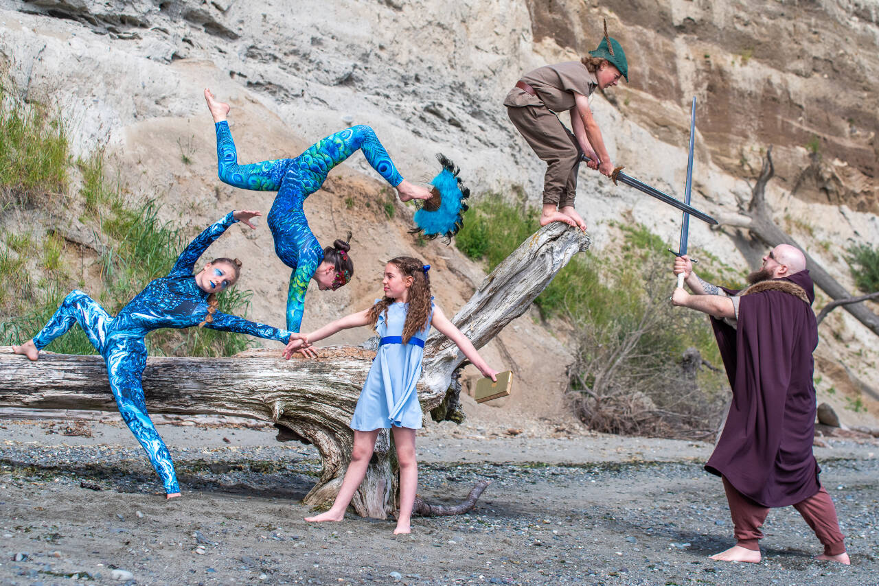 Sequim Gazette photo by Emily Matthiessen / From left, Keylee Disinski, Mia Underwood, Rosie Sly-Hobson, Rivers Maynard and Andrew Lumm are some of the main characters in Sequim Acrobatics upcoming "Neverland" a Peter Pan themed extravaganza prepared this year for audiences at Sequim High School this Friday and Saturday.