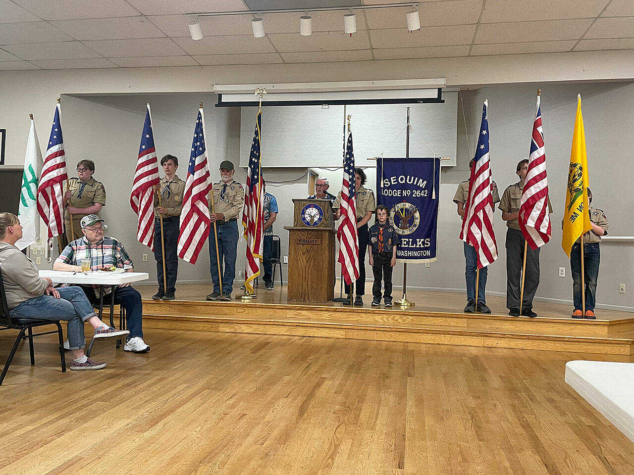 Sequim Gazette photo by Matthew Nash/ BSA Troop 1498 members help leads a Flag Day ceremony with the Sequim Elks.