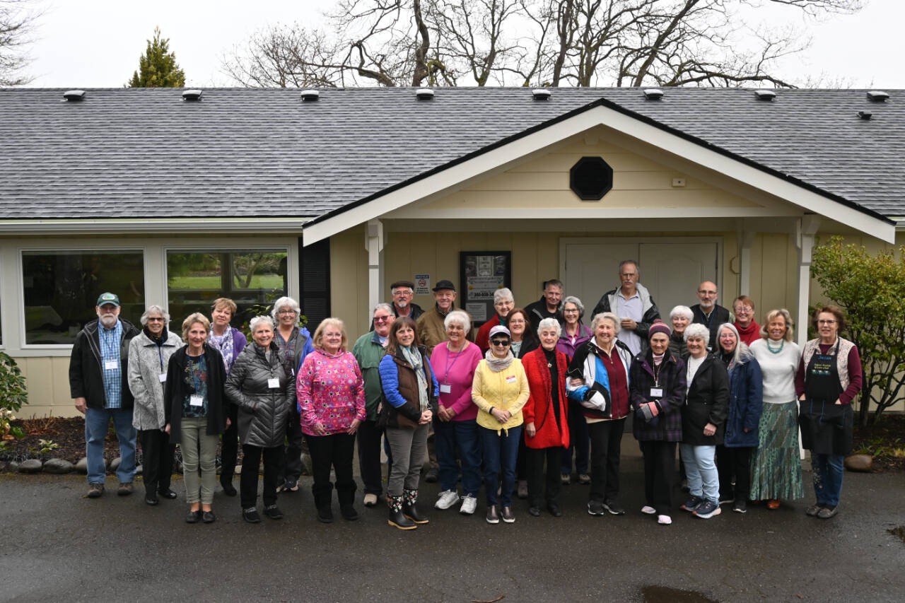 Sequim Gazette file photo by Michael Dashiell
Members of the Sequim Prairie Garden Club (SPGC) gather outside the recently renovated clubhouse at Pioneer Memorial Park. Club members say they are excited to celebrate SPGC’s 75th year with a community party set for Saturday, July 29.