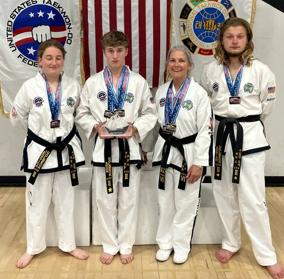 Photo courtesy of Bodystrong Taekwon-do Academy / Members of Bodystrong Taekwon-do Academy take a break from competing at the USTF Taekwon-do National Championships in Colorado in June. Pictured, from left, are Jessica Golbeck, Aron Golbeck, Linda Allen and Adrian Golbeck.