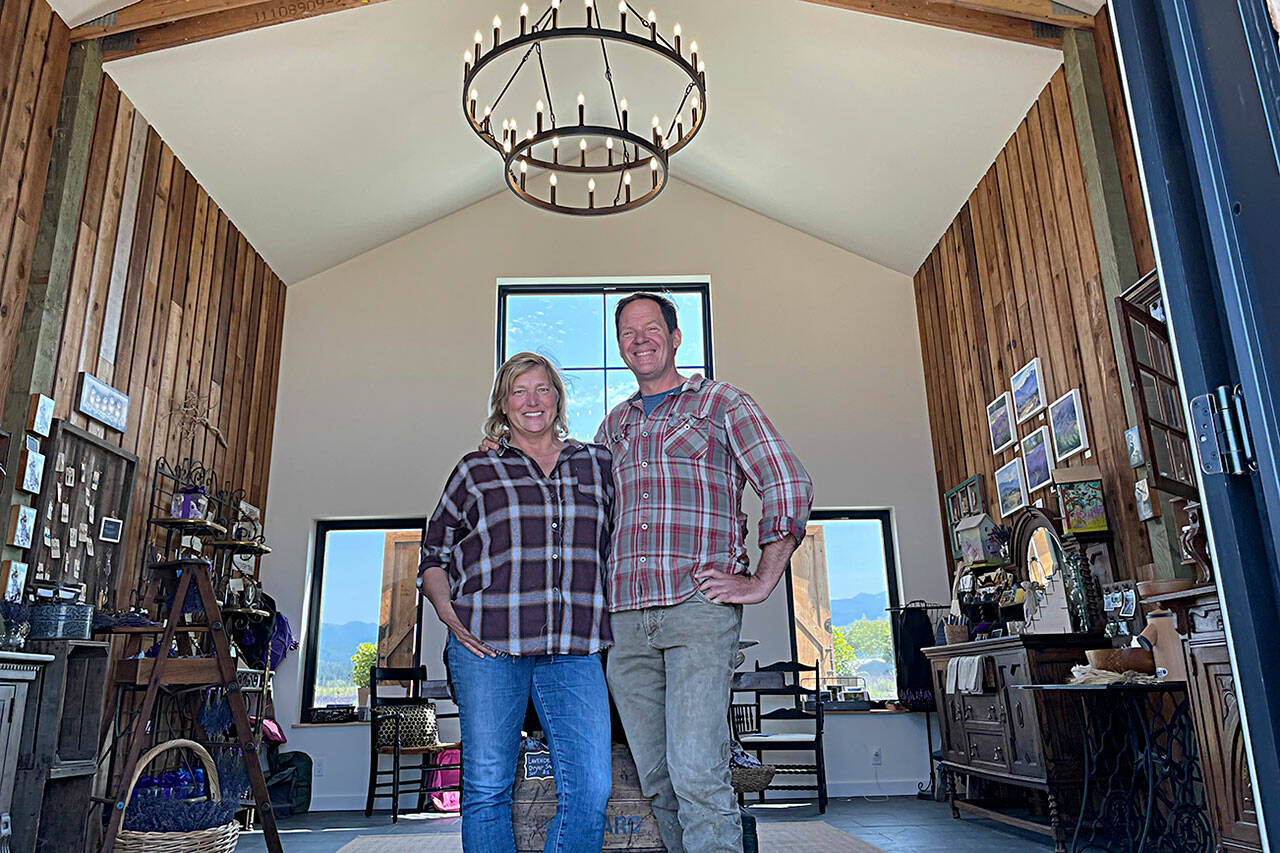 Sequim Gazette photo by Matthew Nash/ Ginger and Scott Wierzbanowski stand inside their lavender barn at Olympic Bluffs Cidery and Lavender Farm in Agnew. They’ve opened the lavender business for the first time this summer offering 30-plus lavender products, U-cut lavender, and more. They’ll tentatively begin operating their cidery in late summer.