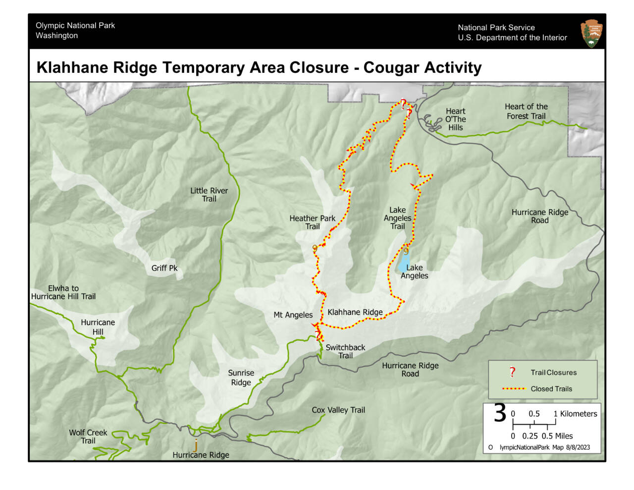 Map courtesy of Olympic National Park
Switchback and Sunrise Ridge trails in Olympic National Park have reopened, though the Lake Angeles/Heather Park Loop remains closed.