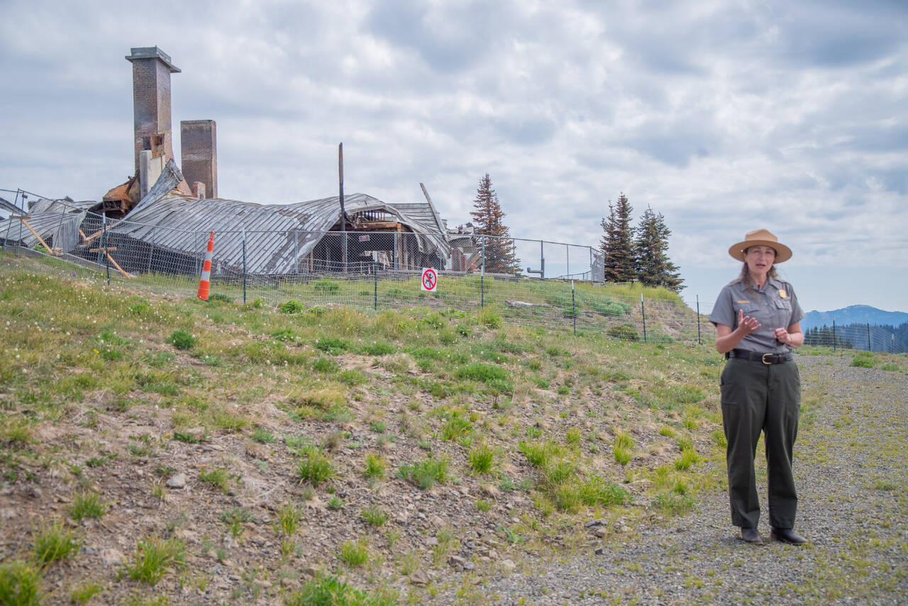 Sequim Gazette file photo by Emily Matthiessen / On June 26, Olympic National Park superintendent Sula Jacobs talks about the fire that destroyed the Hurricane Ridge Day Lodge in early May. Access to Hurricane Ridge Road and park amenities reopened on June 27.