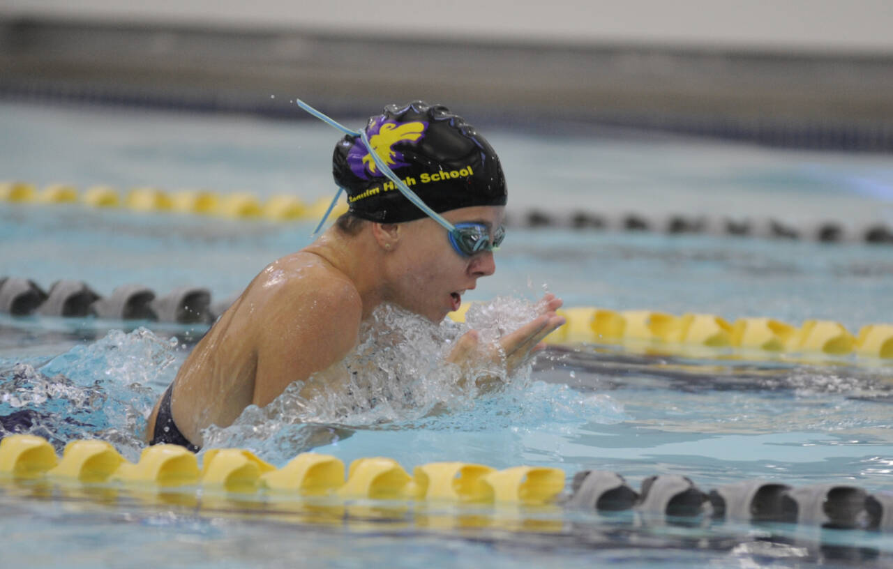 Sequim Gazette photo by Michael Dashiell
Sequim’s Annie Ellefson races to a win in the 100 breaststroke as the Wolves host East Jefferson on Sept. 13.