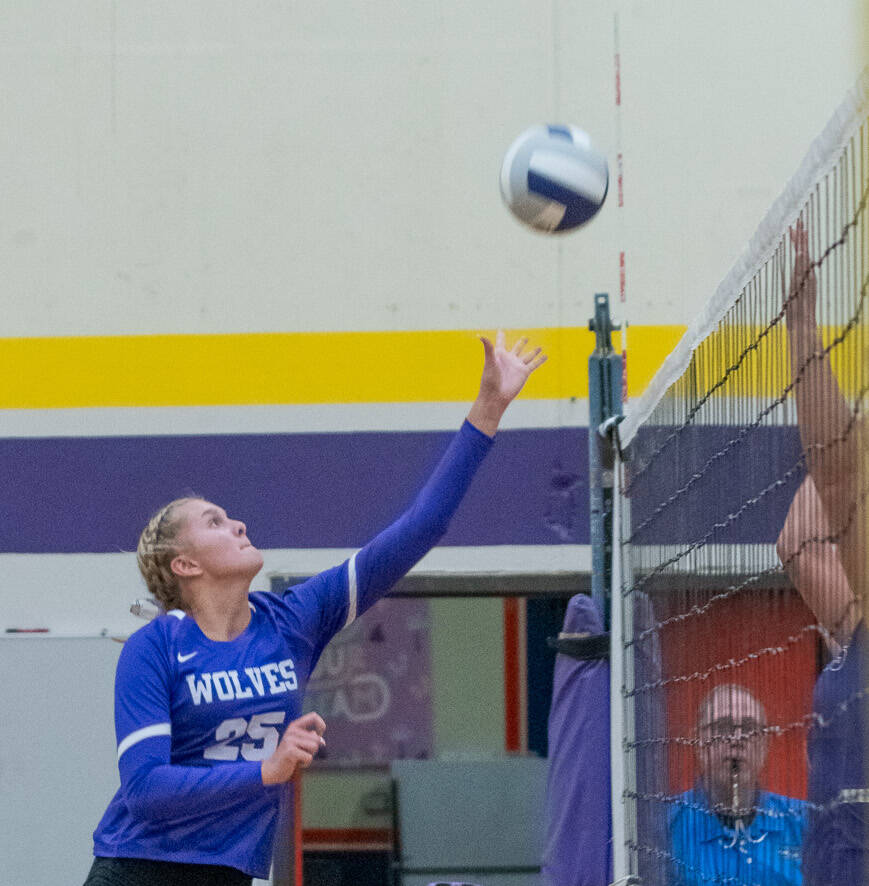 Sequim Gazette photo by Emily Matthiessen / Sequim’s Jolene Vaara tips a shot past North Kitsap blockers in a Sept. 21 home league match.