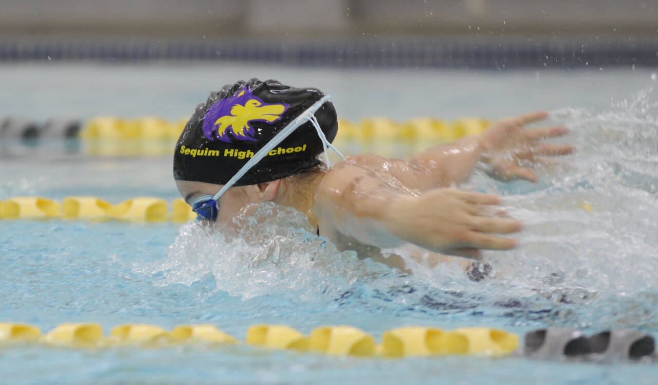 Sequim Gazette photo by Michael Dashiell
Ava Shinkle of Sequim competes in the 100 butterfly against Port Angeles in an Olympic League meet on Oct. 4. Shinkle placed second in the event in 1:11.05.