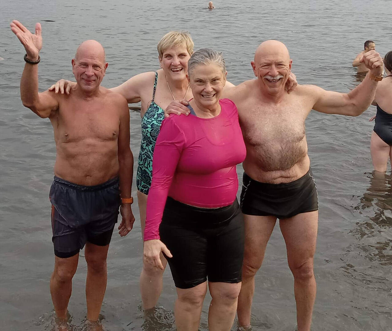 Photo by Linda Carlson/For Sequim Bay Yacht Club
Sequim Bay Yacht Club members participate in the Polar Bear Dip on Jan. 1. Pictured, from left, are Joel Cziok, Susan Sorensen and Carolyn and Frank DeSalvo, all from Sequim.