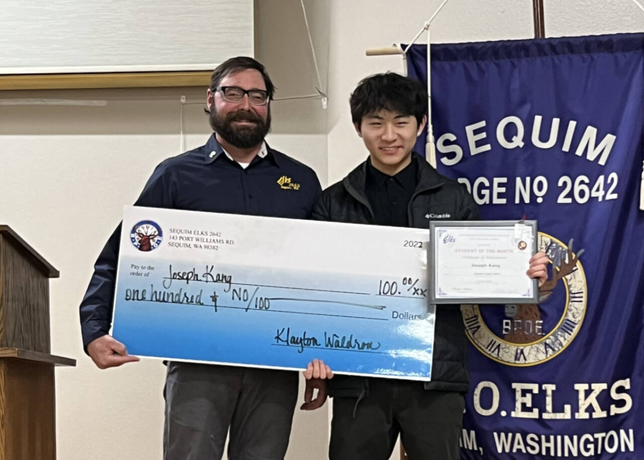 Photo courtesy of Sequim Elks Lodge
Sequim High School student Joseph Kang, right, receives his Sequim Elks Lodge Student of the Month award from Sequim Elks Exalted Ruler Klayton Waldron.