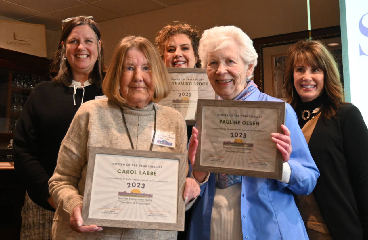 Sequim Gazette photo by Michael Dashiell
Finalists for the 2023 Sequim-Dungeness Valley Chamber Commerce’s Citizen of the Year award include (front row, from left) Carol Labbe and Pauline Olsen. Not pictured is the award recipient Renne Emiko Brock, who was unable to attend the chamber’s annual awards luncheon on Feb. 27 Pictured with Labbe and Olsen are (back row, from left) chamber president Eran Kennedy, chamber executive director Beth Pratt and Lorie Fazio, Citizen of the Year committee chair.