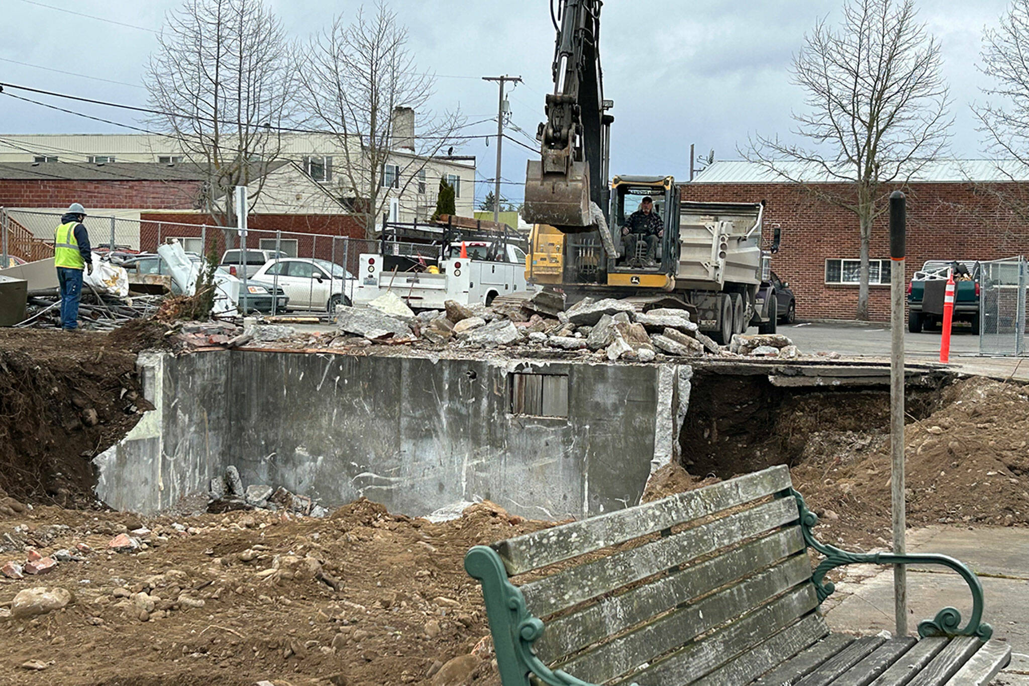 Sequim Gazette photo by Matthew Nash/ Demolition continued last week by Jamestown Excavation at the former doctor’s office building at 103, W. Cedar St., adjacent to the Sequim Civic Center. Jamestown S’Klallam Tribe leaders told city staff in October 2022 that they intend to turn the space into an art gallery/gift shop.