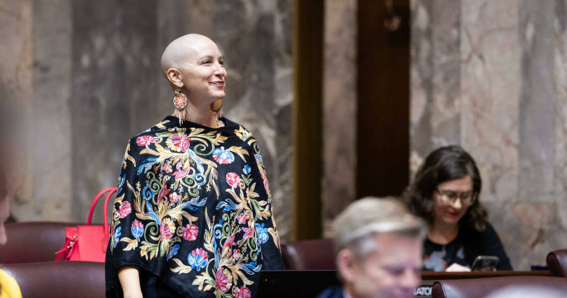 Photo courtesy of Senate Democrats / Sen. Rebecca Saldaña is seen here on the floor of the Senate wearing a colorful rebozo.