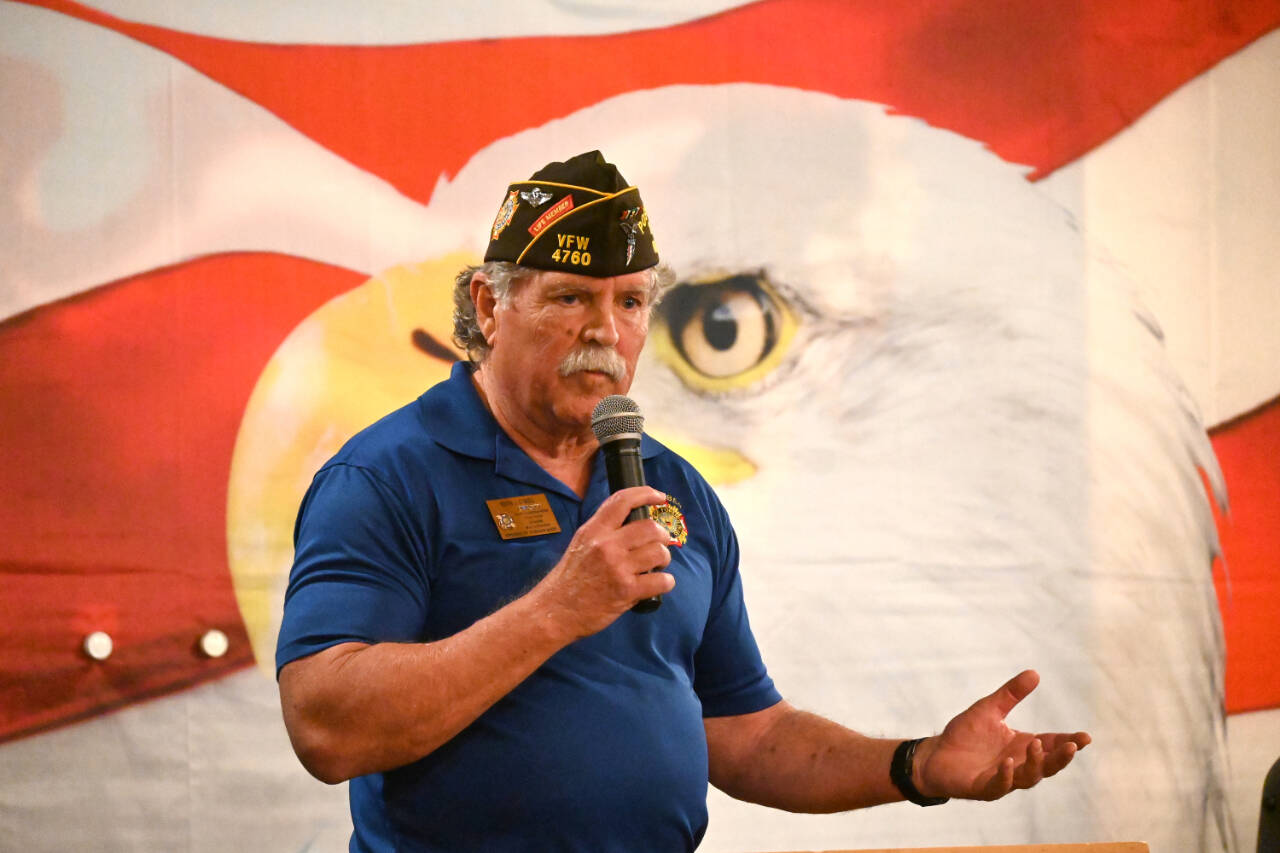 Sequim Gazette photo by Michael Dashiell / Kevin O’Neill, VFW Post 4760’s Senior Vice Commander, offers the keynote address at a National Vietnam War Veterans Day Ceremony at the VFW Post in March 27.