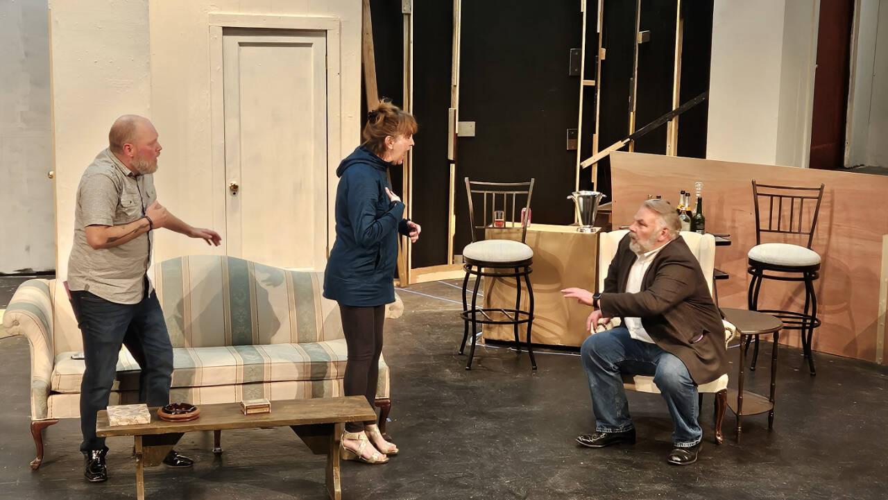 Photo courtesy of Port Angeles Community Players
Port Angeles Community Players work out a scene in a recent rehearsal on the unfinished set of “Rumors.” Pictured, from left, are Zach Wiedenhoeft, Rebecca Gilbert and Mark Valentine.