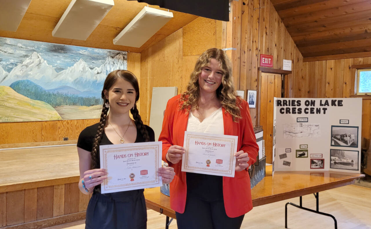 Photo courtesy of Hands on History
Tish Hamilton, left, of Port Angeles, and Skylar Kryzworz of Sequim are the 2024 Hands on History contest winners. Kryzworz, a student at Sequim High School, placed first and Hamilton, a Port Angeles High student, was second.
