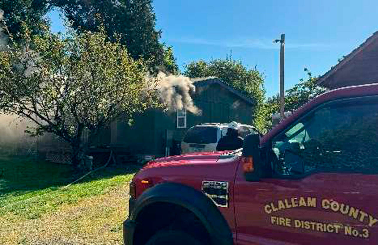 Photo courtesy Beau Sylte/ CCFD3/ Clallam County Fire District 3 firefighters fought a fire on May 10 that damaged a manufactured home.