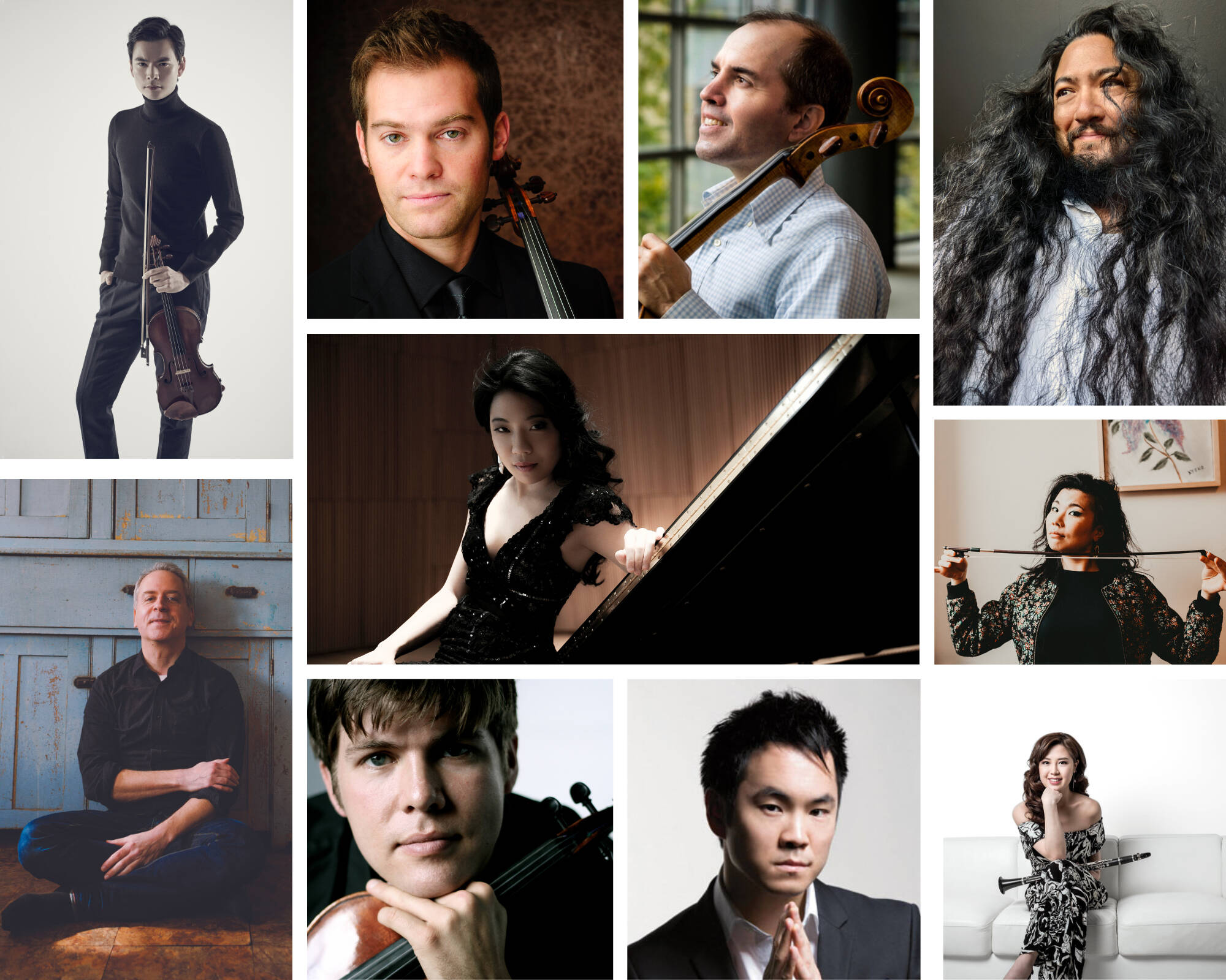 Photo courtesy of Music on the Strait 
Artists in the Music on the Strait’s 2024 lineup include (clockwise, from top left) Stefan Jackiw, David Auerbach, Efe Baltacigil, Paul Wiancko, Ayane Kozasa, Yoonah Kim, Richard O’Neill, James Garlick and Jeremy Denk, and (center) Joyce Yang.