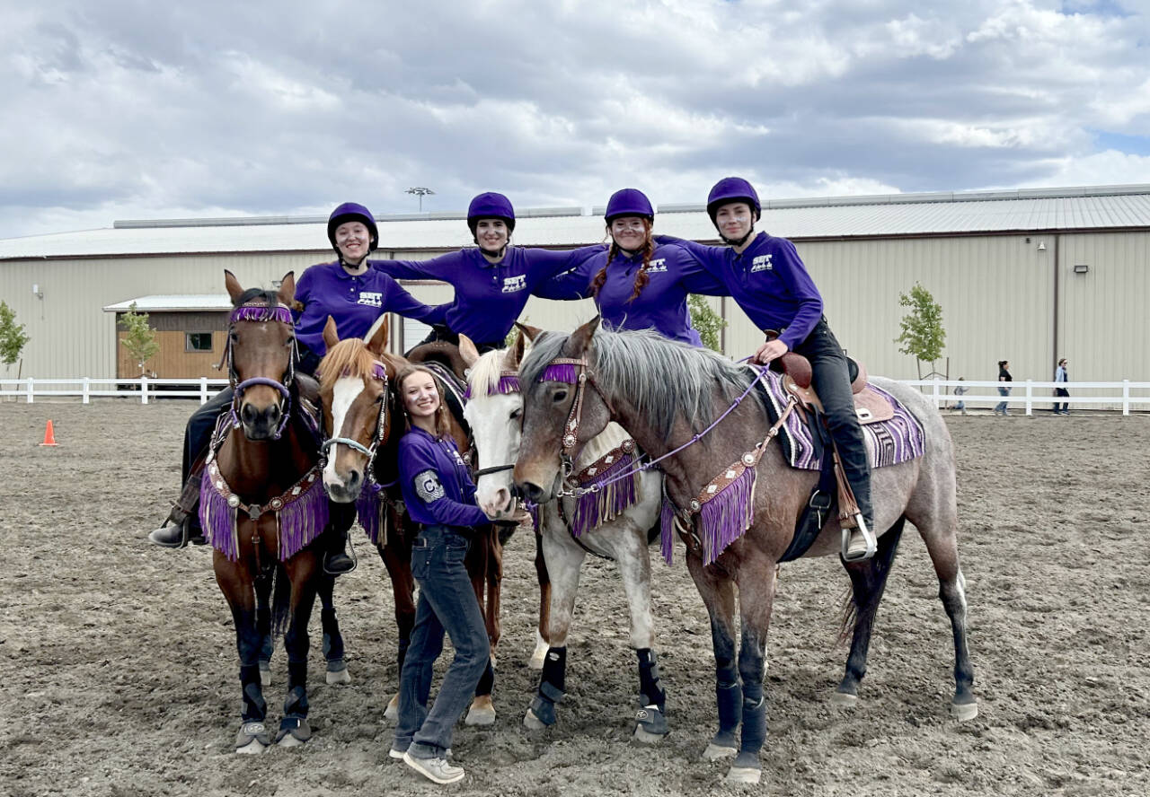 Photo courtesy of Sequim Equestrian Team
Sequim Equestrian’s Drill Team, with (back row, from left) Katelynn Middleton-Sharpe, Lily Meyer, Joanna Seelye and Taylor Lewis, with (in front) Sydney Hutton, place 11th at the Washington High School Equestrian Team state meet in Moses Lake in mid-May.