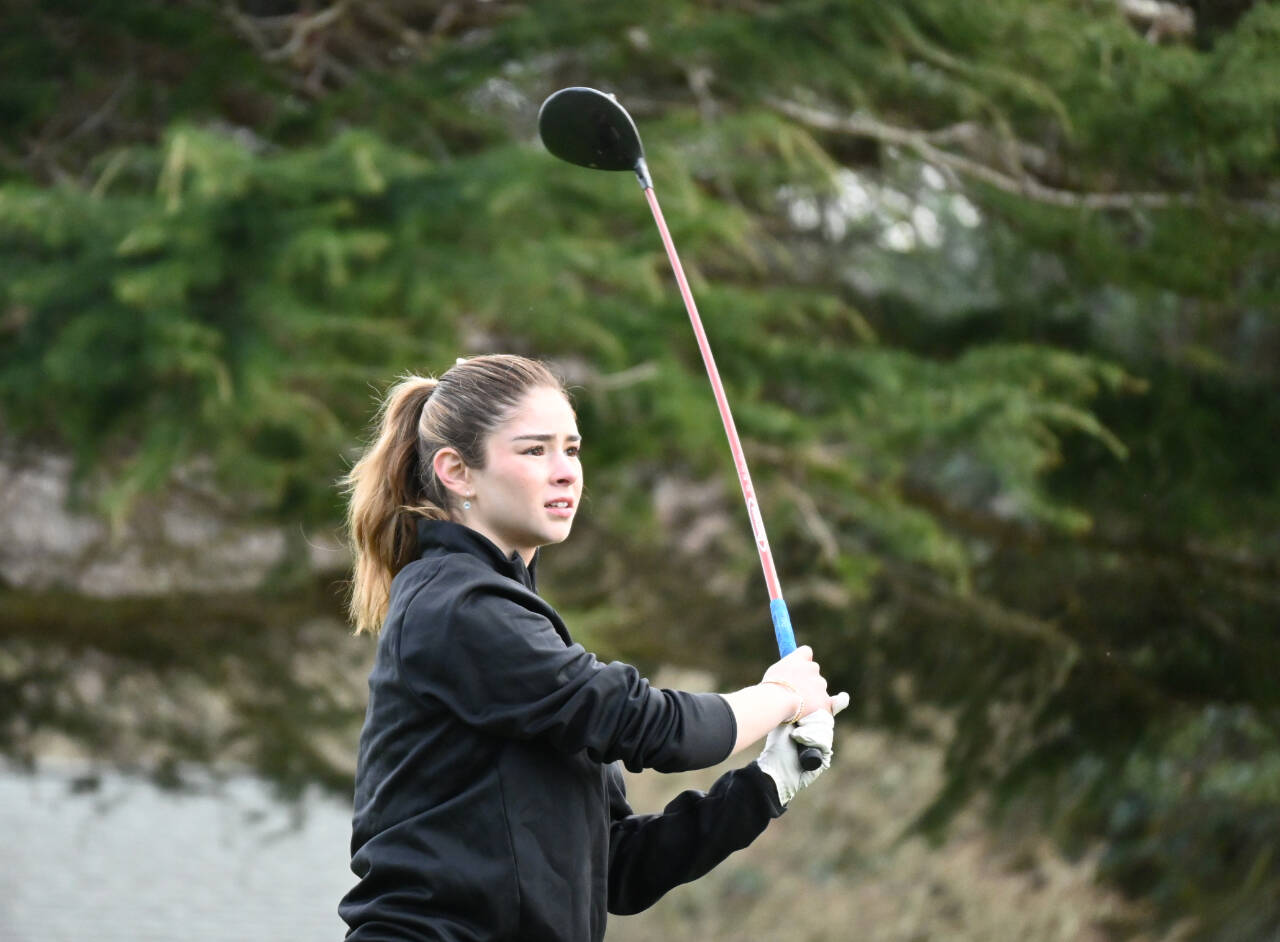 Sequim Gazette file photo by Michael Dashiell
Sequim High senior Ava Johnson, pictured here in a match against Bainbridge on March 21, placed 36th at the class 2A state tournament in Liberty Lake last week.