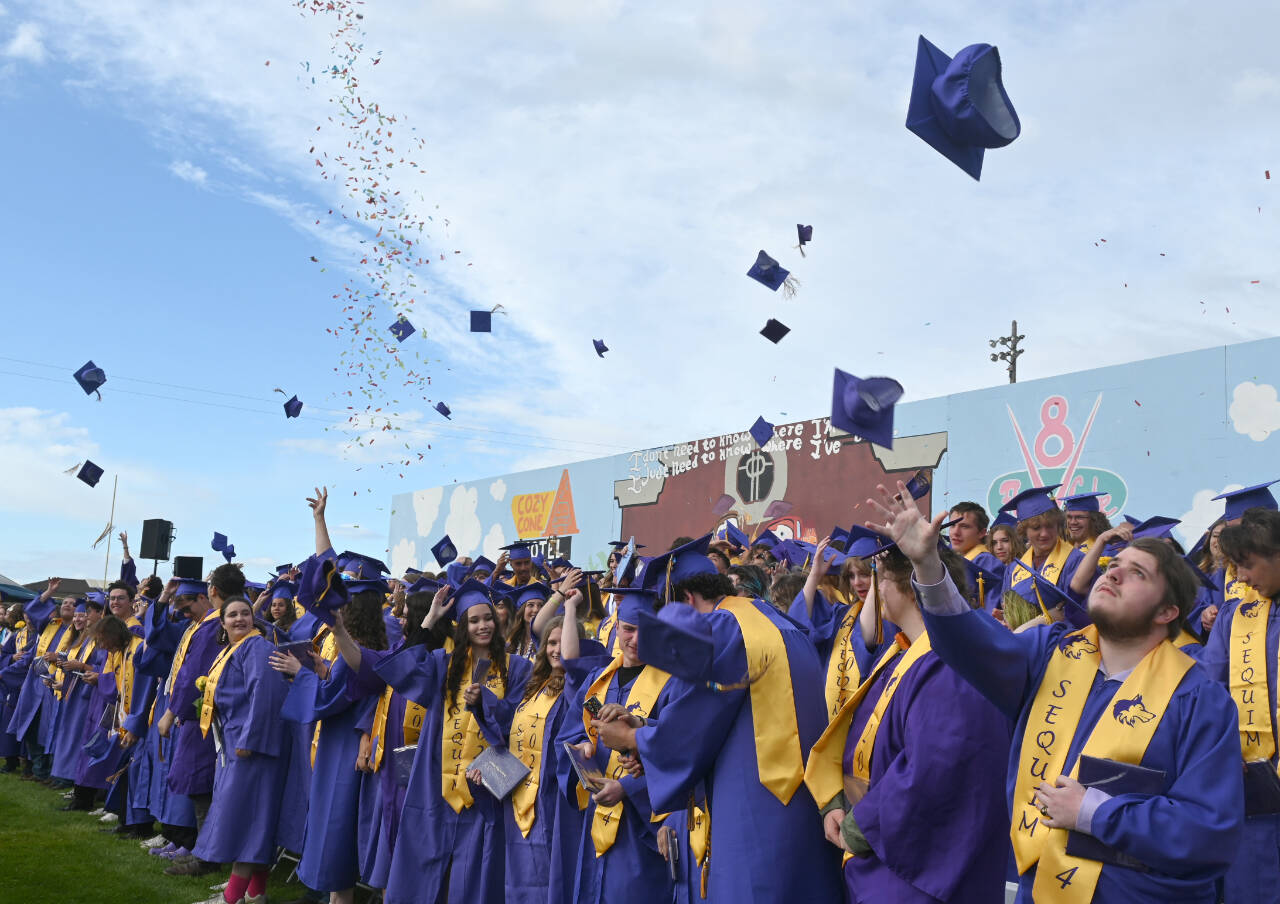 Sequim Gazette photo by Michael Dashiell / Sequim High School's Class of 2024 celebrates following the conclusion of their graduation ceremony at Stáʔčəŋ Stadium on June 14. Almost 170 of the approximate 180 SHS graduates participate in the ceremony.