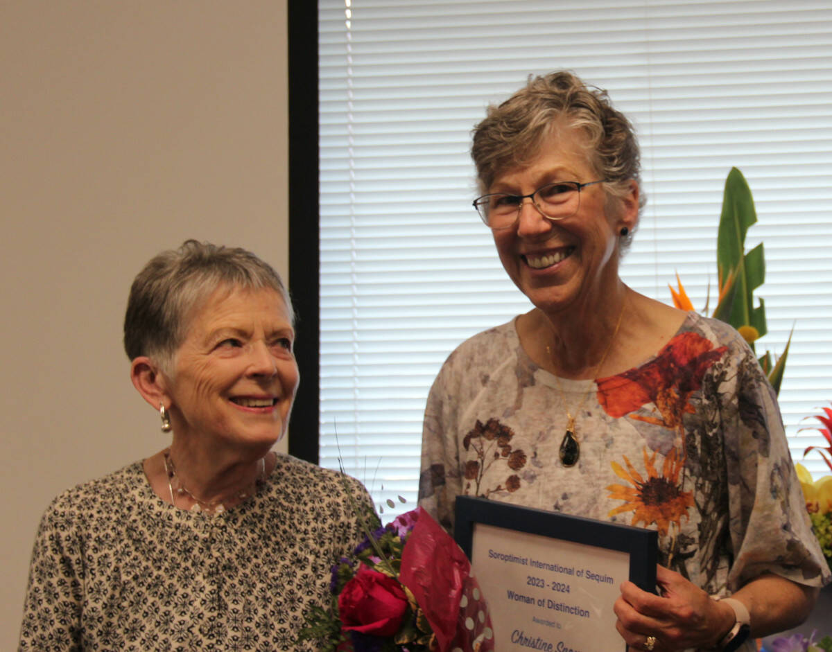 Photo courtesy of Soroptimist International of Sequim
Chris Snow, right, who chairs the Soroptimist International of Sequim’s Medical Loan Closet, receives the club’s Woman of Distinction award for 2023-24 from Shelle Paulbitski, the 2022-23 award recipient.