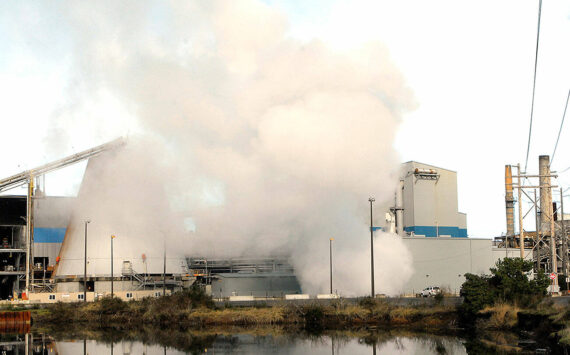 Keith Thorpe/Peninsula Daily News
Clouds of steam rise from the cogeneration facility at the McKinley Paper mill on Marine Drive in Port Angeles on Saturday as crews begin the process of bringing the mill back into production, three years after it was shut down by and sold by Nippon Paper Industries USA. As part of the start-up process, the company announced that pipes must be cleaned in order for the cogeneration plant to produce steam for the mill and electricity for sale and that the cleanup process could produce noise that might disturb nearby neighborhoods. McKinley has not announced a date for when production of containerboard would begin at the retooled mill.