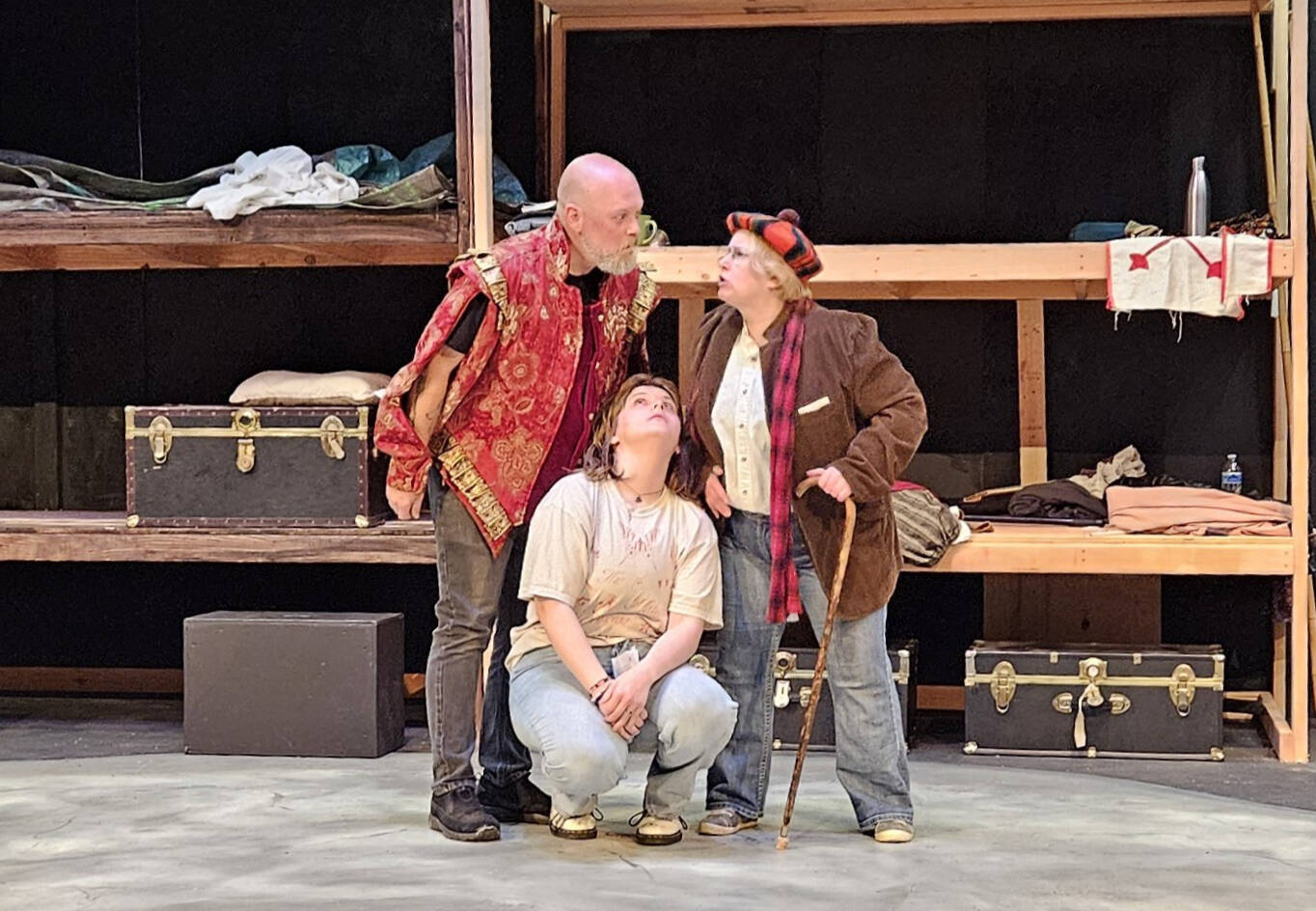 Photo courtesy of Port Angeles Community Players 
Cast members (from left) Zach Wiedenhoeft, Wesley Vollmer and Tara DuPont rehearse a scene of the Port Angeles Community Players’ upcoming production of “The Curate Shakespeare As You Like It.”
