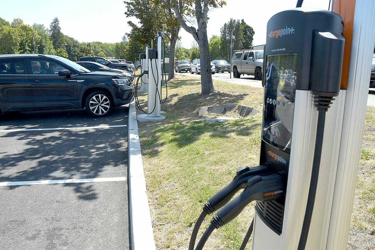 Photo by Keith Thorpe/Olympic Peninsula News Group
A set of EV charging stations stand ready for public use on July 10 in the parking lot of the Clallam County Courthouse in Port Angeles.