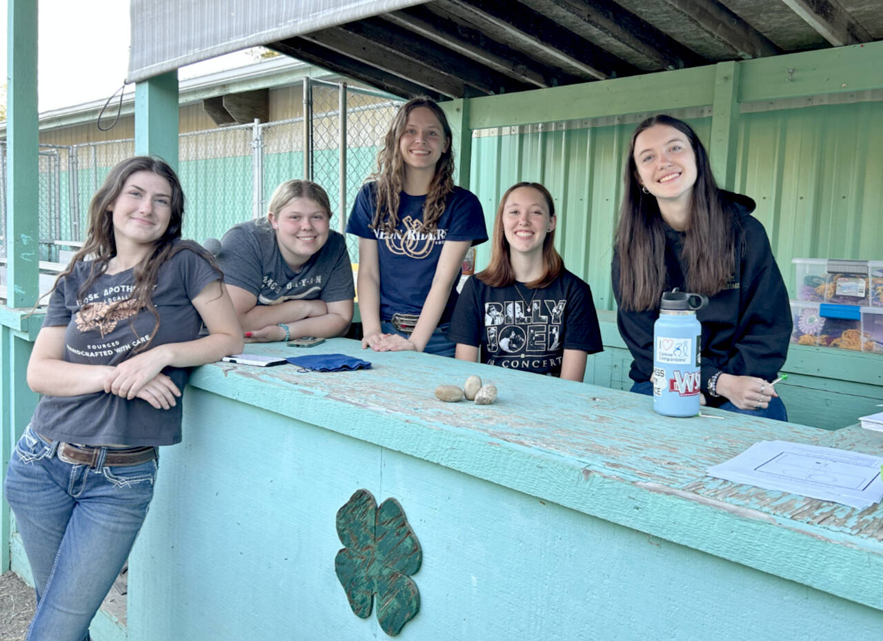 At left: Participants and helpers at the Neon Riders and Silver Spurs 4H Horse Show earlier this month include, from left, Rae Skerbeck, Savannah Boulton, Taylor Maughan, Katelynn Sharpe and Ava Hairell.