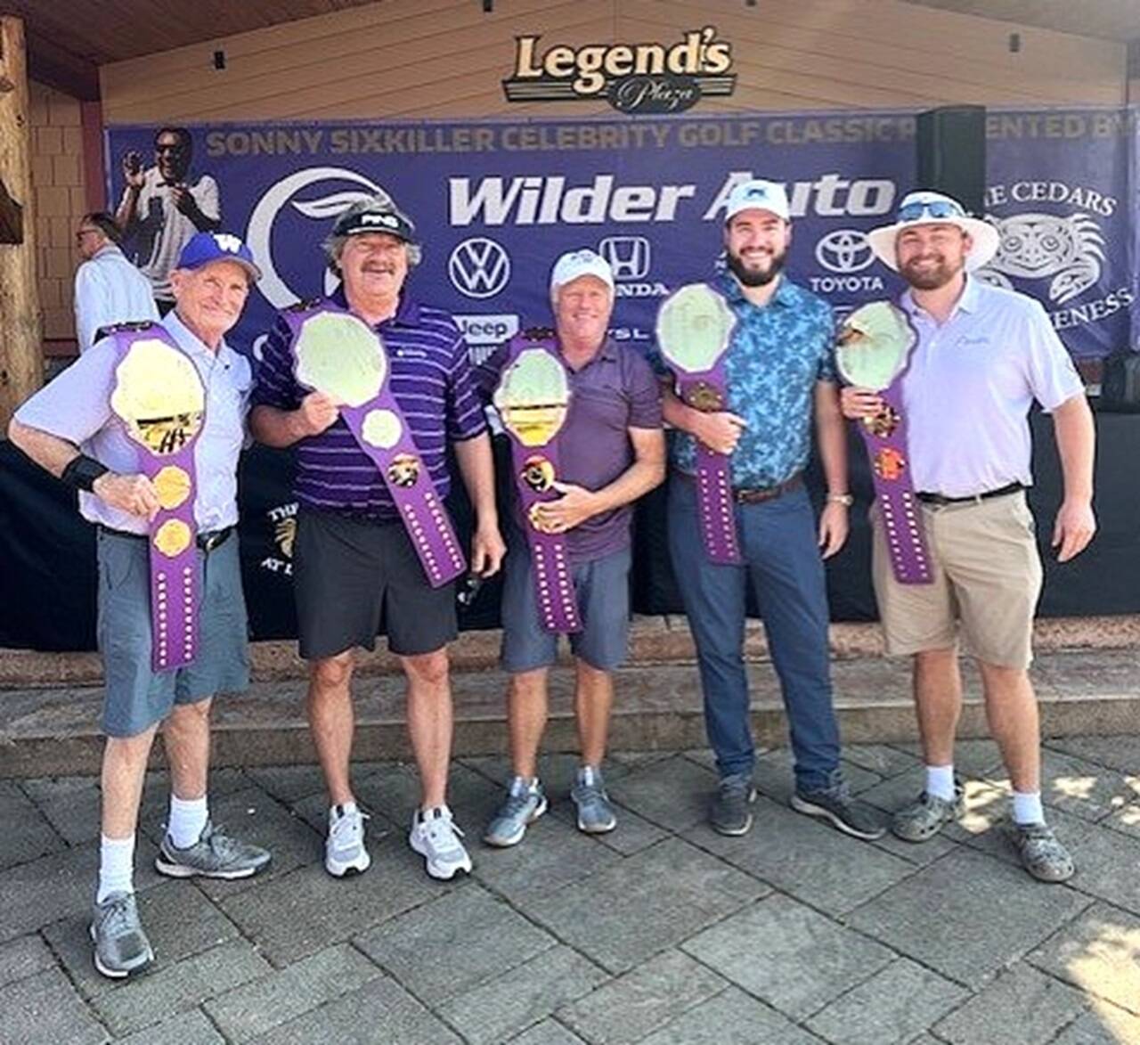 Photo courtesy of Olympic Medical Center Foundation
Winners of the 13th annual Sonny Sixkiller Huskies Celebrity Classic at The Cedars at Dungeness on July 26 include, from left, D.A. Davidson team members Ed Cribby, Mark Mitrovich, Bob Mathews, Hunter Larson and Nick Larson.