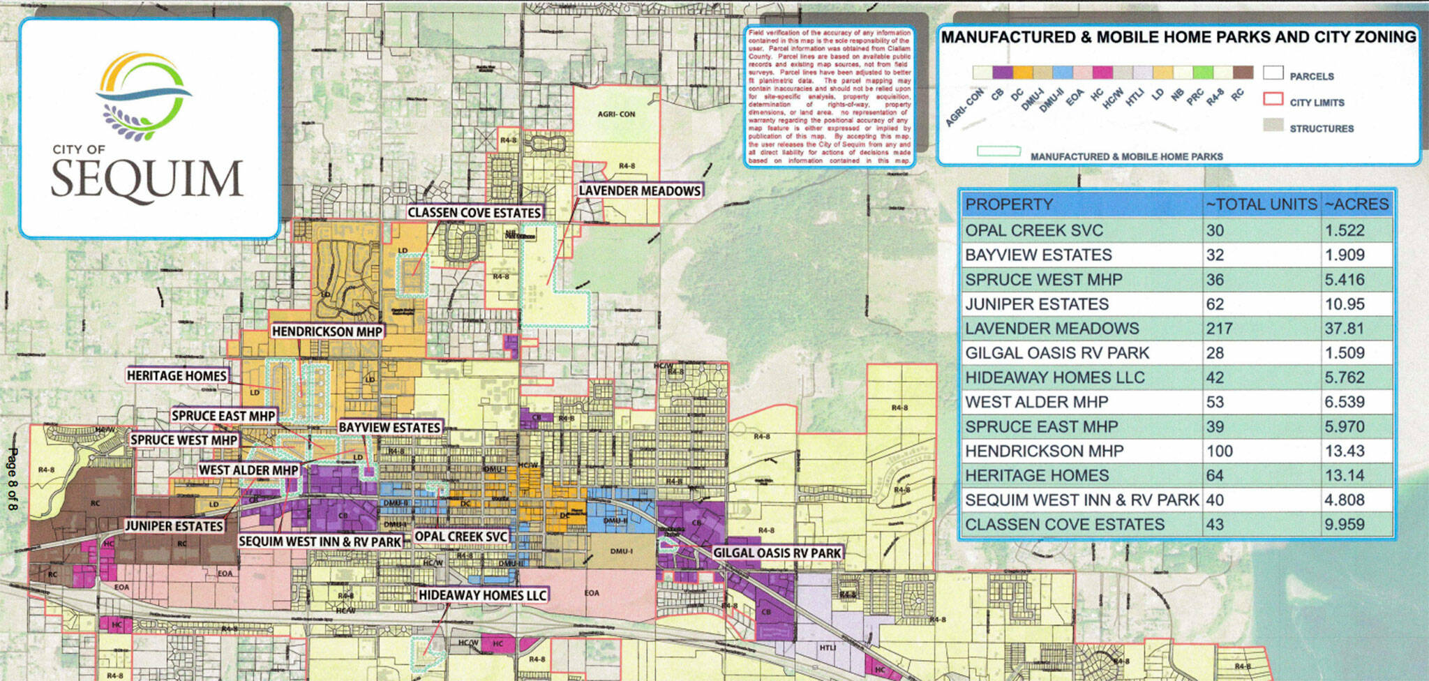 Graphic courtesy City of Sequim
The City of Sequim hosts 13 manufactured home/mobile home parks with 596 existing units and 786 approved dwelling units. City staff continue to look into zoning options that could protect these sites from redevelopment and help protect affordable housing options in the city.