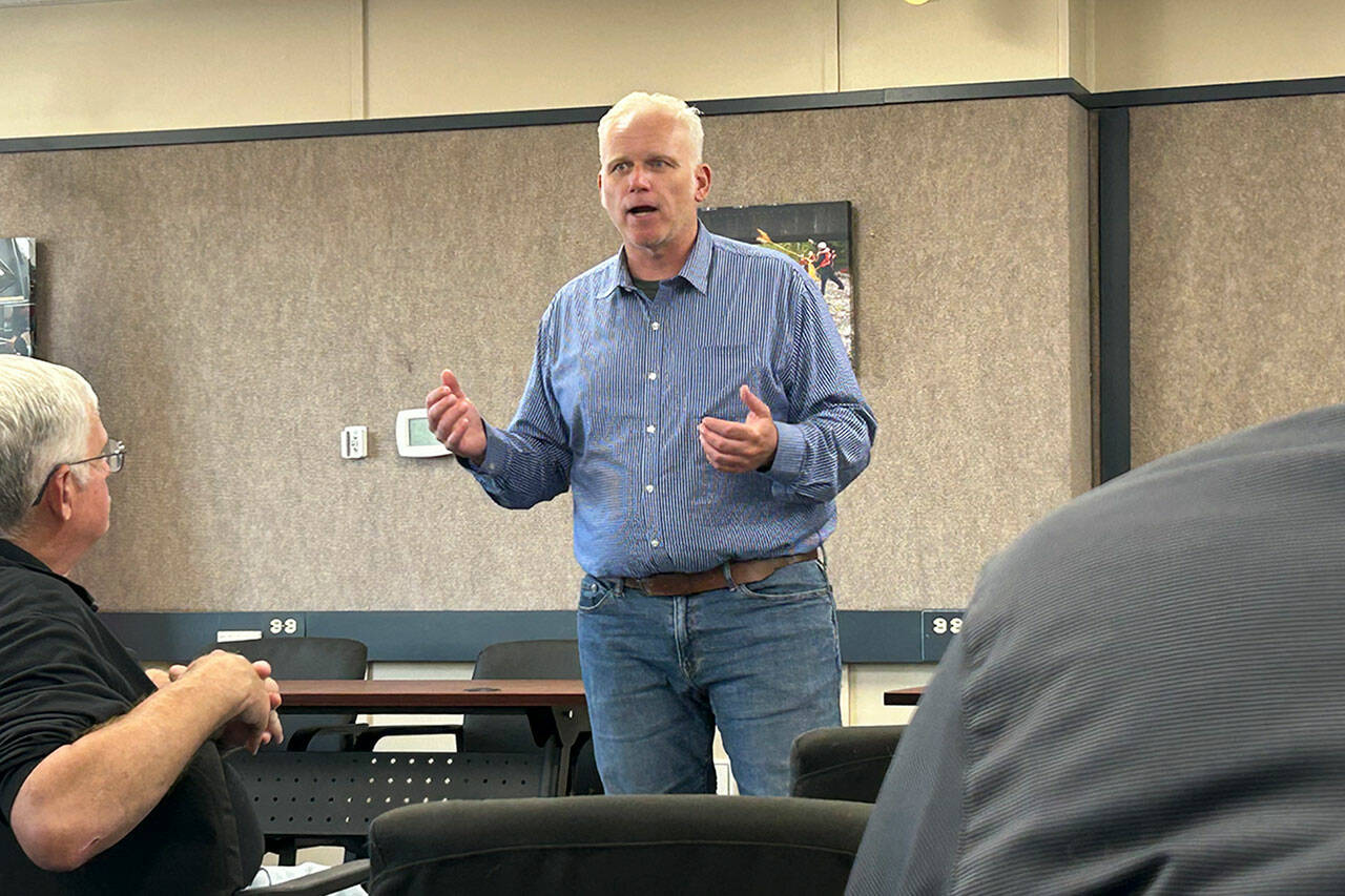 Sequim Gazette photo by Matthew Nash/ Kevin Van De Wege, a candidate for the Commissioner for Public Lands, speaks at a forum on July 25 for the Olympic Peninsula Fire Commissioners Association in Carlsborg.