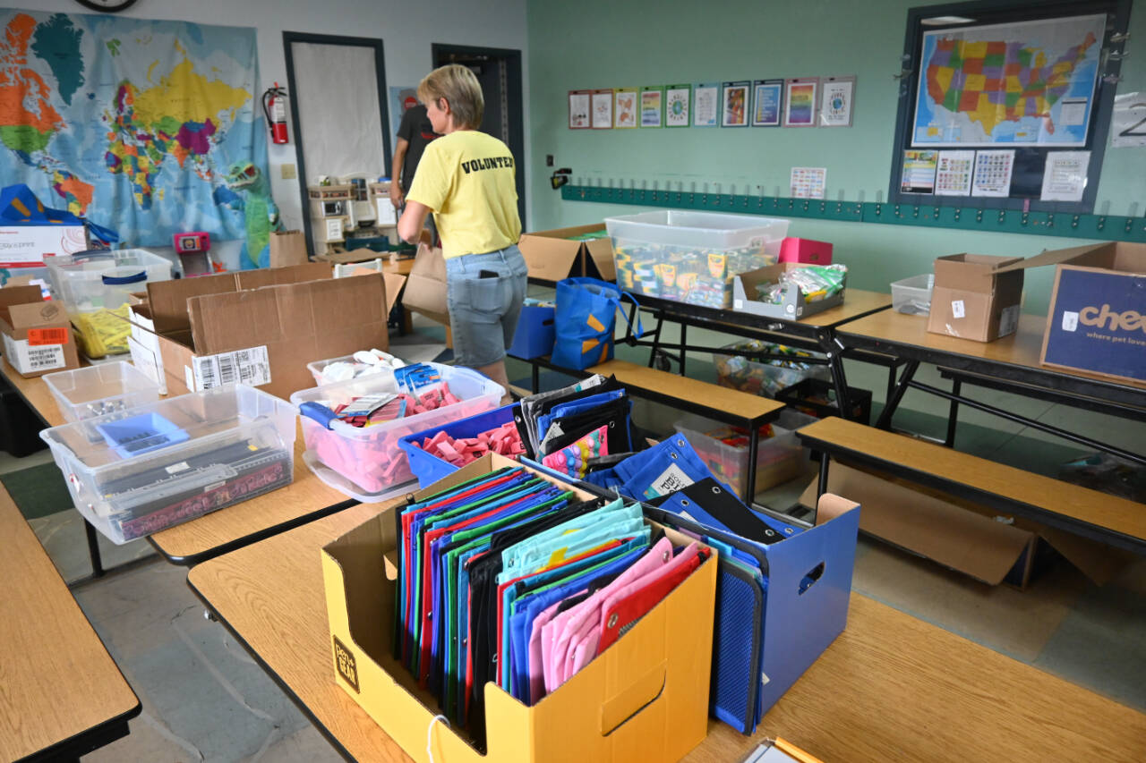 Sequim Gazette file photo by Michael Dashiell
Kim Rosales helps gather school supplies for local students at the Back to School Fair in 2023. Rosales is the chair of the 2024 fair, set for 10 a.m.-1 p.m. Saturday, Aug. 24, at the Sequim Boys & Girls Club, 400 W. Fir St.