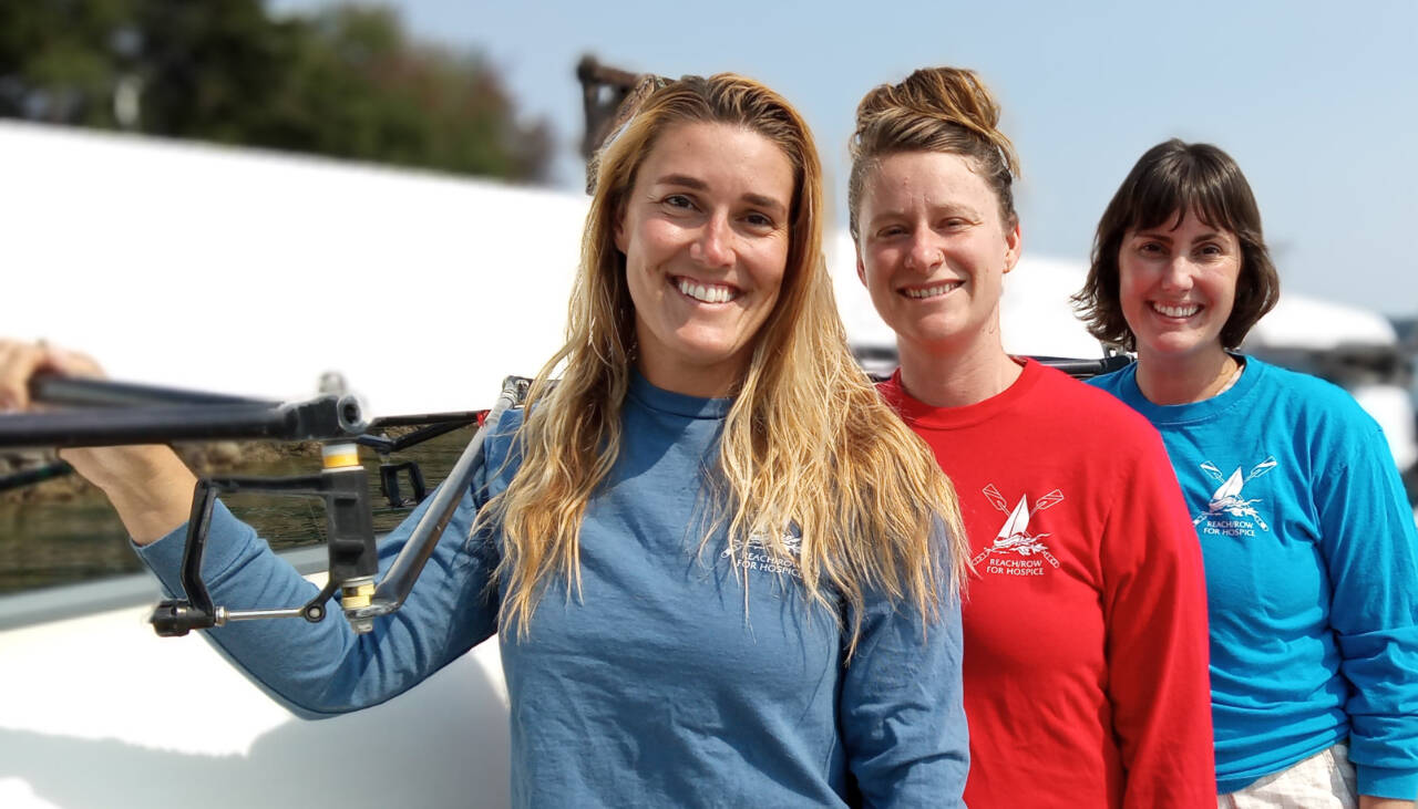 Photo courtesy of Sequim Bay Yacht Club / Among the Volunteer Hospice of Clallam County staff participating in 2024 Reach & Row for Hospice events are, from left, nurses Rebecca Ward and Ellen Bower, both of Port Angeles, and Melissa Ayoub of Sequim. Reach & Row races kick off Sept. 14 with the rowing and paddling competition at John Wayne Marina, and continue on Sept. 21 with the sailing regatta, also in Sequim Bay.