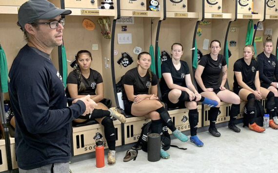 Peninsula College Athletics
Peninsula College head coach Kanyon Anderson speaks to his squad in the women's soccer locker room during the first day of practice earlier this month. Anderson has an experienced cast of 18 sophomores and 11 freshmen on the roster. The 2024 season opens with an Aug. 14 scrimmage at the University of Victoria. The Pirates' first home game is Aug. 27 against Multnomah.