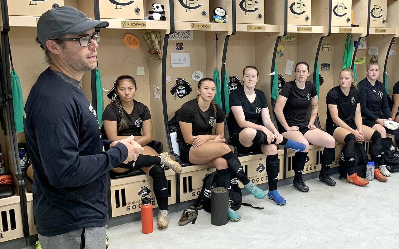 Photos courtesy of Peninsula College Athletics / Peninsula College head coach Kanyon Anderson speaks to his squad in the women’s soccer locker room during the first day of practice earlier this month. Anderson has an experienced cast of 18 sophomores and 11 freshmen on the roster. The Pirates’ first home game was Aug. 27 against Multnomah.