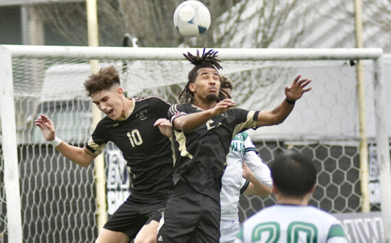 Peninsula College's Nil Grau, left, and Abdurahim Leigh battle for a ball in front of the Highline net Sunday in Tukwila. (Jay Cline/Peninsula College)