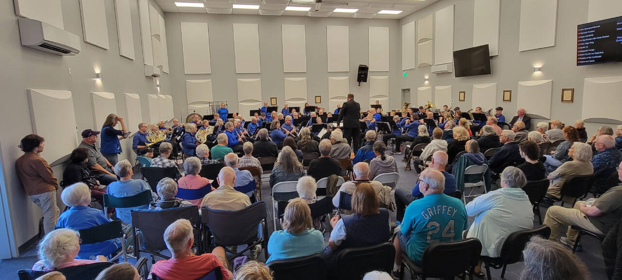 Photo by Richard Greenway/Sequim City Band / For protection of the audience during the predicted thunderstorms with lightning, Sequim City Band members perform for their Aug. 18 concert-goers indoors.