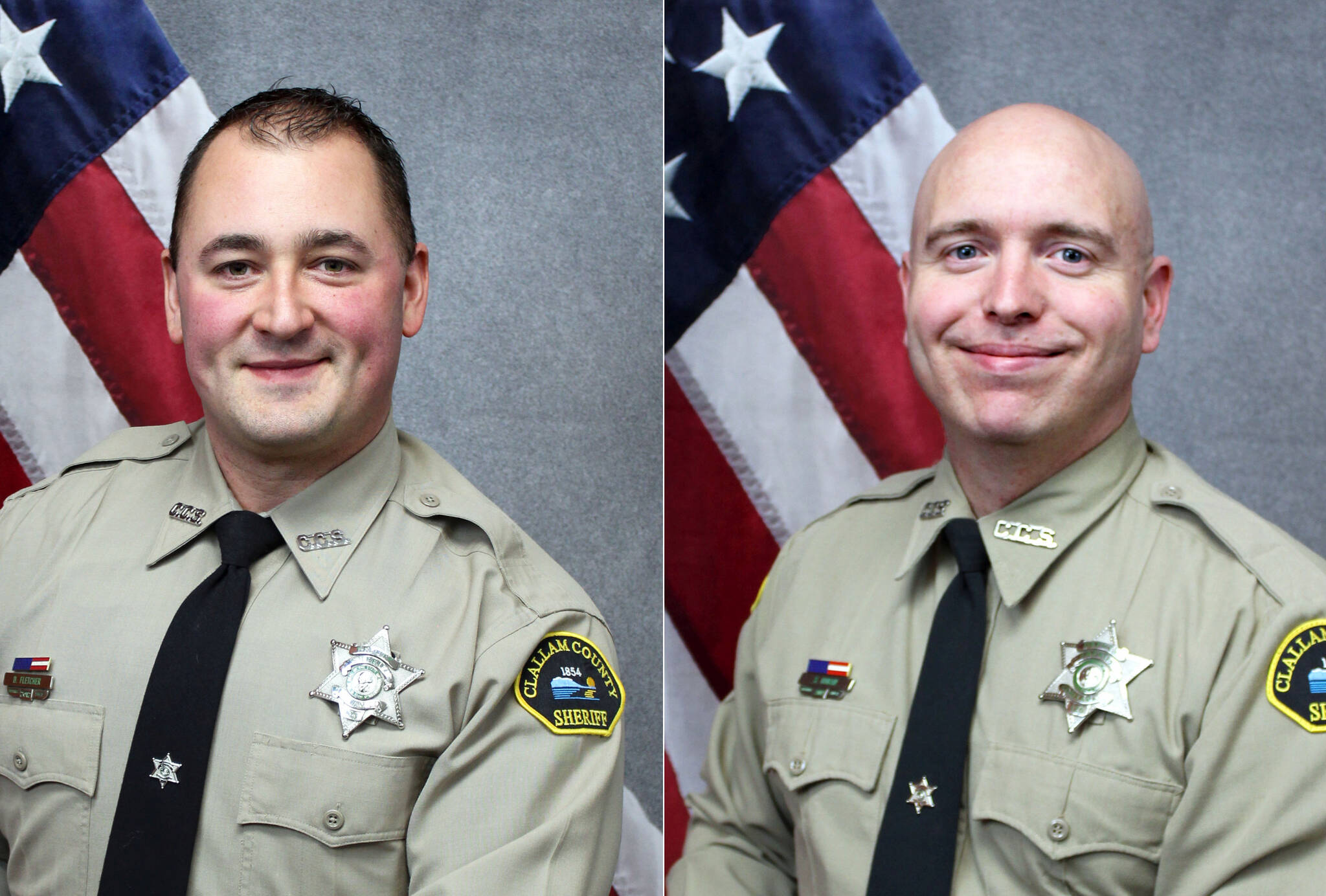 Photos courtesy of Clallam County Sheriff’s Office / Clallam County Sheriff Brian King promoted Clallam deputies Deputy David Fletcher, left, to Detective, and Sean Hoban to Patrol Sergeant.