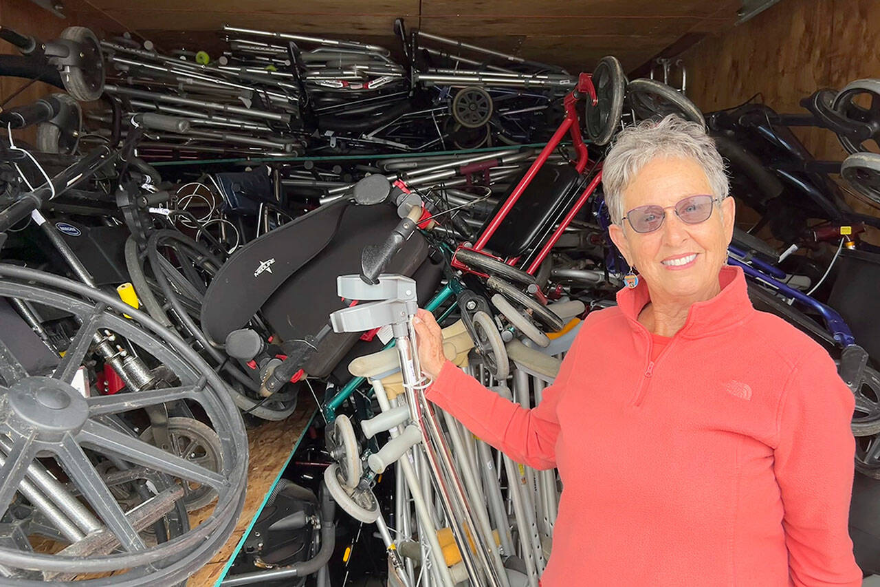 Sequim Gazette photo by Matthew Nash
Rosalie DiMaggio looks to bring in at least another 40 wheelchairs to total around 150 and ship them along with walkers, canes and other medical gear to Guatemala to help people with mobility challenges.