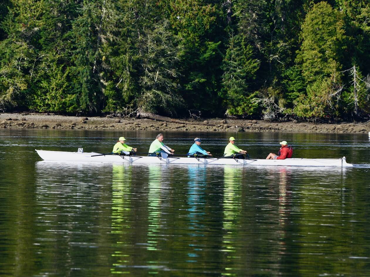 Photo courtesy of Sequim Bay Yacht Club / Sequim Bay Yacht Club quad teammates — from left, Gail Clark, Ron Baumgardner, Lynn Gilles, Jordan Schiefen and cox Frank DeSalvo — compete in the annual Reach & Row for Hospice event on Sept. 14 on Sequim Bay.