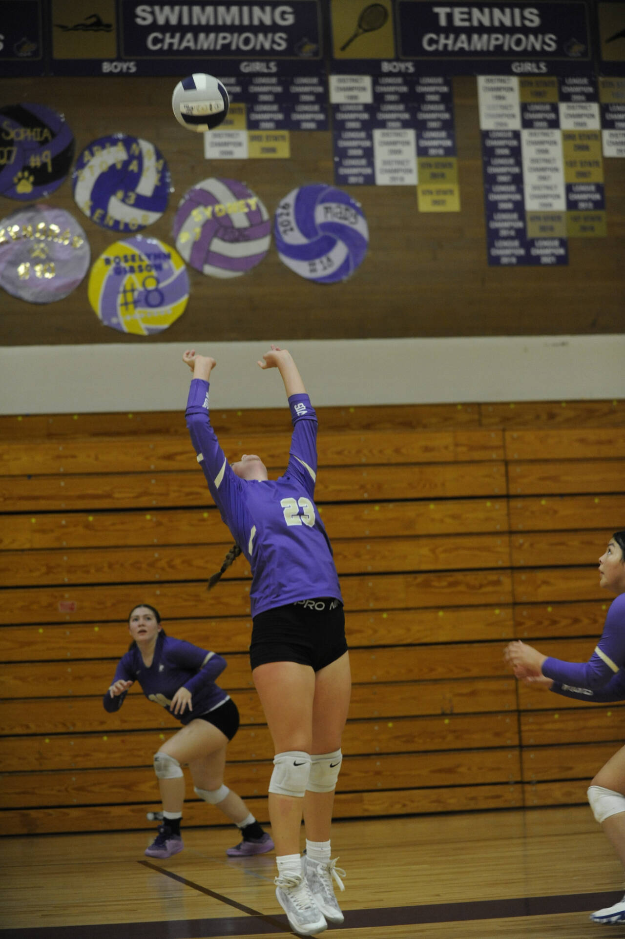 Sequim Gazette photo by Michael Dashiell / Kenzi Berglund (23) of Sequim tries to score a goal for her teammate Brianna Palenik (background) in the home game against Bainbridge on September 19th.