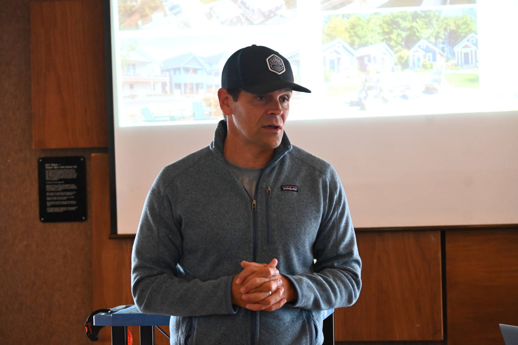 Sequim Gazette file photo by Michael Dashiell / Seabrook CEO Casey Roloff talks with community members about a planned 500- to 600-home development near Sequim Bay on April 23 at John Wayne Marina.