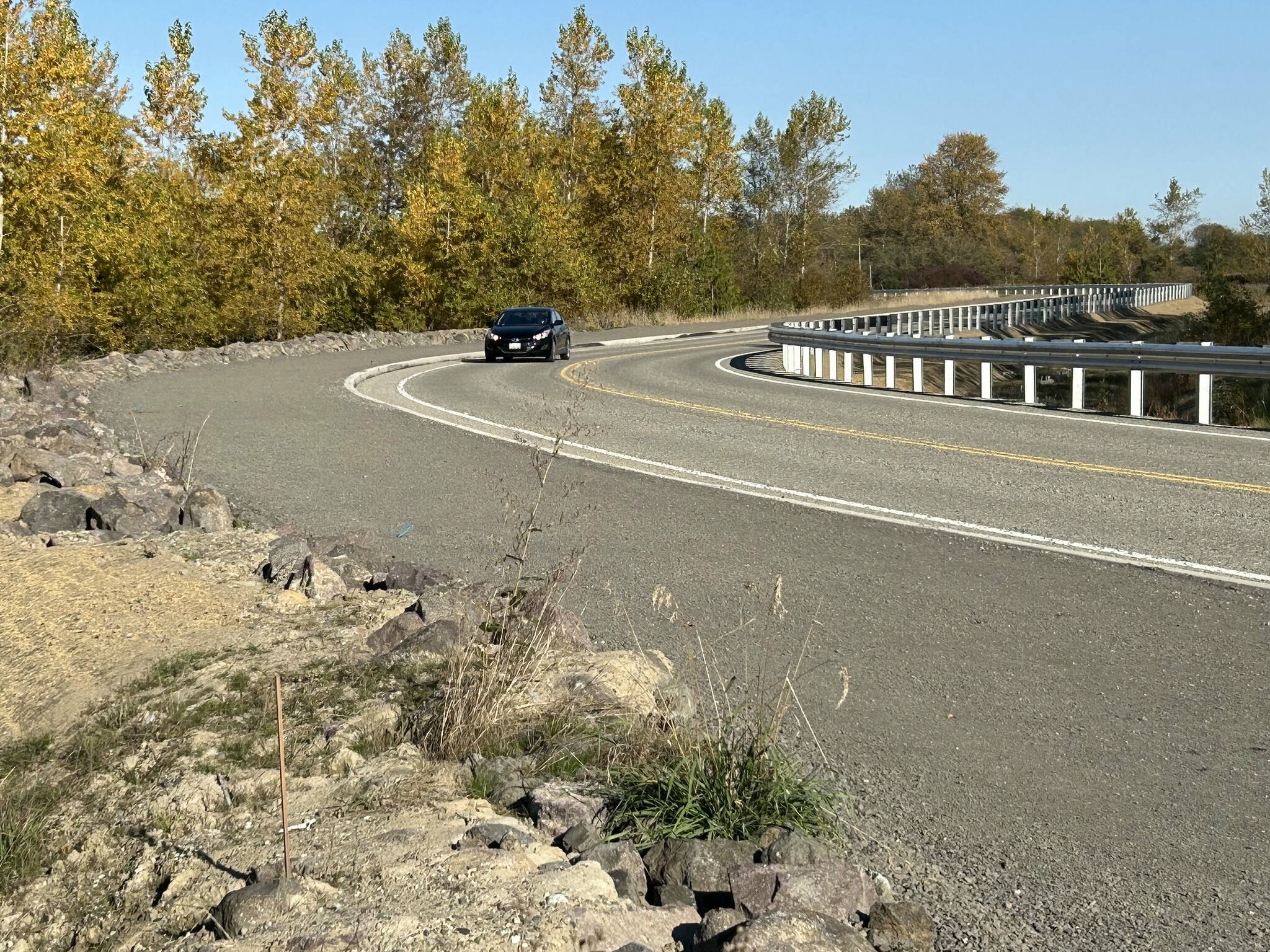 Sequim Gazette photo by Matthew Nash
A driver makes their way south on the recently reopened Towne Road on Oct. 12. Construction crews finished the substantial portion of the road project on Oct. 8, county officials said last week