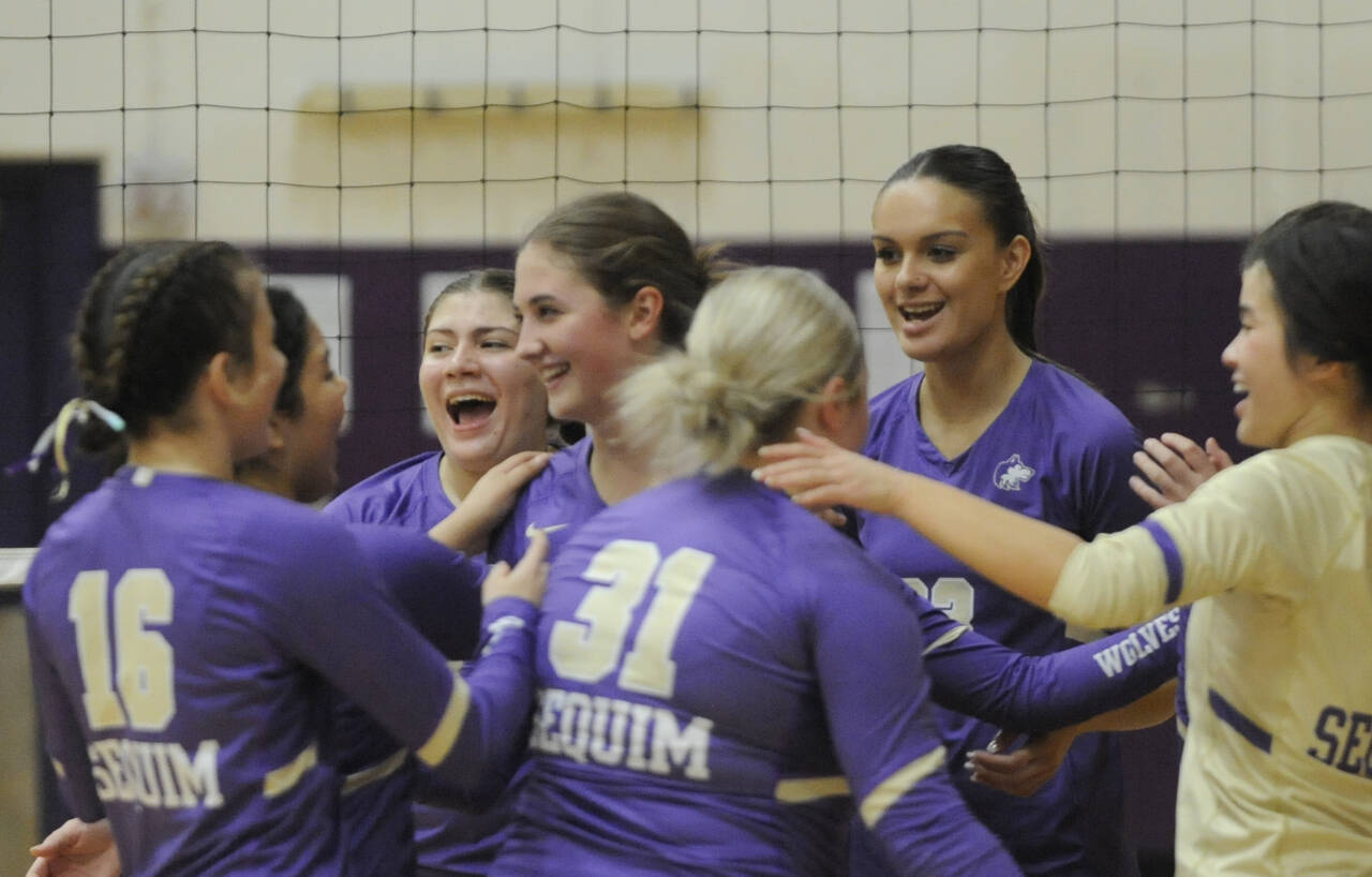 Sequim Gazette photo by Michael Dashiell / Sequim High’s volleyball squad celebrates a three-set win over Port Angeles on Sept. 26.