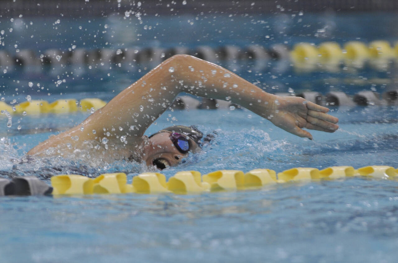 Sequim Gazette file photo by Michael Dashiell / Sequim’s Melia Nelson competes against Port Angeles in the 200 free in an Olympic League meet on Sept. 25. Nelson earned a first place finish in the 500 free with a 6:24.38 mark in an Oct. 2 league meet at North Kitsap.