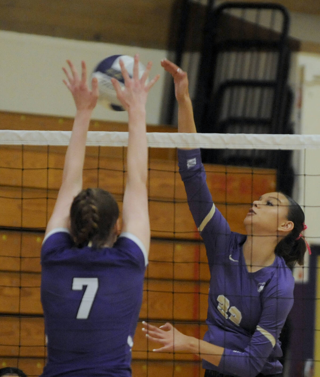 Sequim Gazette photo by Michael Dashiell
Sequim’s Arianna Stovall, right, looks to hit past North Kitsap blocker Addy La Tour in an Oct. 1 Olympic League match-up in Sequim. The Wolves won the first set but NK’s Vikings prevailed in four.
Sequim Gazette photo by Michael Dashiell / Sequim’s Arianna Stovall, right, looks to hit past North Kitsap blocker Addy La Tour in an Oct. 1 Olympic League match-up in Sequim. The Wolves won the first set but NK’s Vikings prevailed in four.